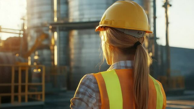 Female Construction Worker with Safety Vest on a Busy Job Site