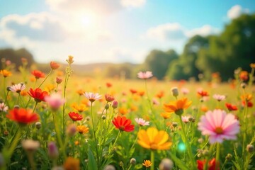 A vibrant, sun-drenched field of wildflowers gently swaying in a warm summer breeze; a feeling of pure joy and serenity , soft, beauty, peaceful