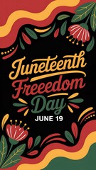 A juneteenth freedom day graphic with floral elements and june nineteenth date on black backdrop