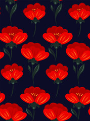 Vector rustic pattern with red poppies in a row on a dark blue background. Decorative floral texture in folk art style