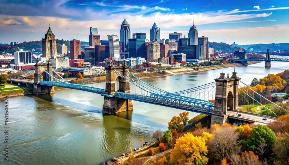 Poster aerial view of cincinnati skyline with river and bridge in autumn