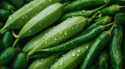 Fresh green okra pods with water droplets, close-up view.