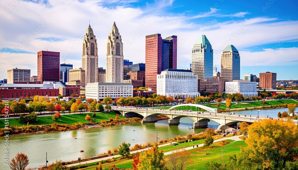 Poster captivating view of columbus skyline with river and trees in autumn