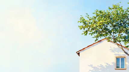 Modern house with tree and clear blue sky creates serene atmosphere. soft beige exterior complements natural surroundings