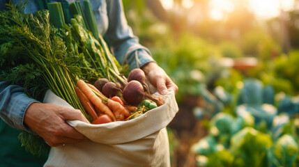 Fresh vegetables harvested from garden in warm sunset light.
