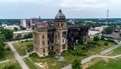 Naklejka premium Ruined Historic Building in Des Moines, Iowa with Urban Background