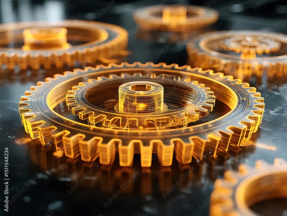 Poster オレンジ色のギアのクローズアップ 輝く金属構造の3dレンダリング 未来的な技術コンセプト