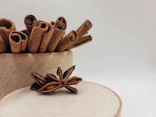 Portion of cinnamon sticks and anise star.