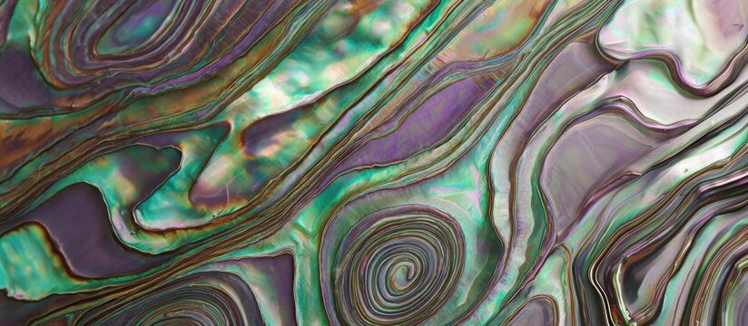 Flat macro texture background mimicking abalone shell, organic swirls of opal, green, violet and silver, iridescent shimmer, rich natural pattern with luxury finish