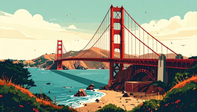 Iconic Golden Gate Bridge Over Scenic Coastal Landscape in America