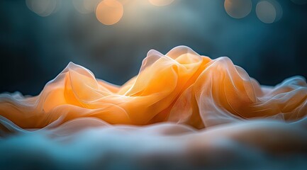 Soft, flowing, amber-toned fabric drapes, backlit by warm light