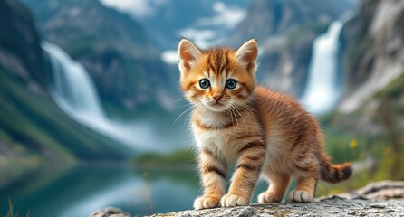 Obraz premium Tiny tabby kitten with blue eyes poses against a blurred mountain waterfall backdrop