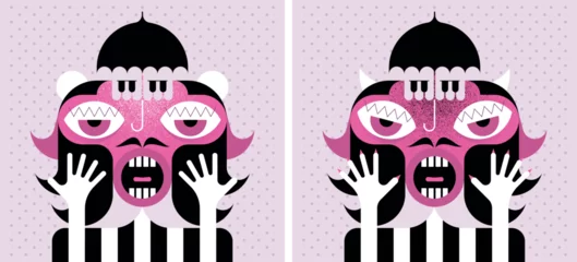 Catwoman, abstract surreal character with piano keys on head, strange facial features and hands near face. Pop art style, symmetrical geometric flat design, pink and black color palette.