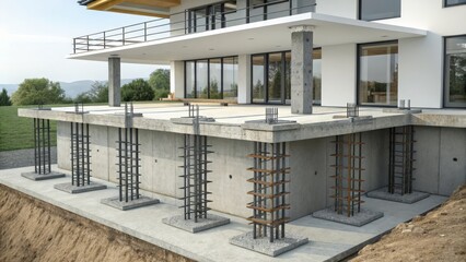 Modern House Foundation Concrete Slab, Steel Reinforcement, Construction Progress, Architectural Design. foundation, construction