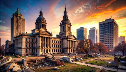 Ruined Historic Architecture in Indianapolis During a Tragic Sunset