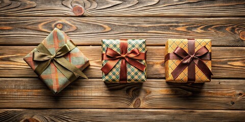 Three festively wrapped presents with elegant bows rest on a rustic wooden surface.