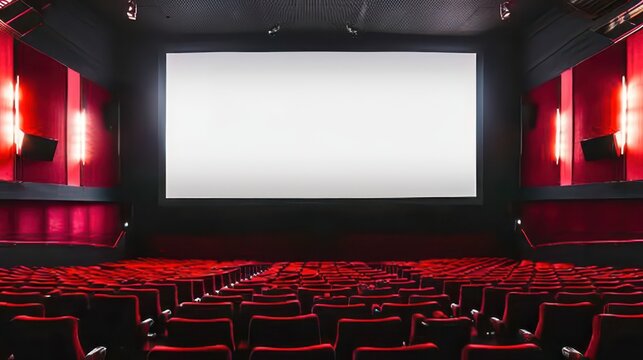 Atmospheric drive in cinema experience with empty red seats and large screen for movie night enthusiasts. Horizontal banner. Copy space. Mock-up, template for cinema or theatre