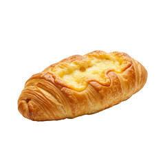 Ultra realistic UHD photo of a golden brown Danish cheese pastry, slightly high angle, on a pristine transparent background with clear contours, no shadows, Concept for commercial food advertising