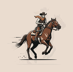 Wild West Cowboy Riding Horse Vector Illustration, Western Horseback Rider Graphic