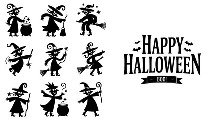 Naklejka premium SILHOUETTE HALLOWEEN, halloween silhouette bundle, halloween bundle, halloween, pumpkin, vector, cat, icon, set, ghost, bat, holiday, illustration, witch, cartoon, autumn, design, spider, silhouette, 