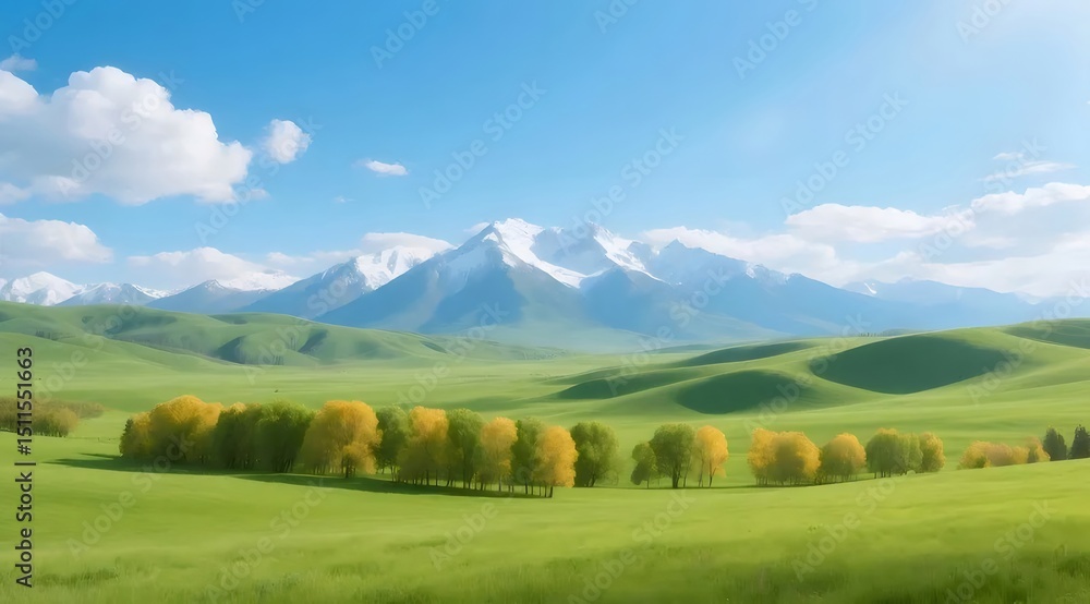 Poster 緑豊かな丘陵地帯と雪山 太陽の下の木々と青空のパノラマビュー 自然風景 晴れた日の爽やかな風景