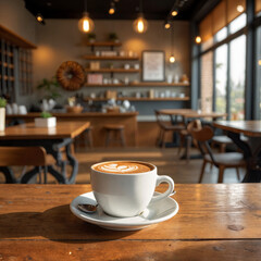 Fototapeta premium Beautiful natural wooden table with coffee shop background