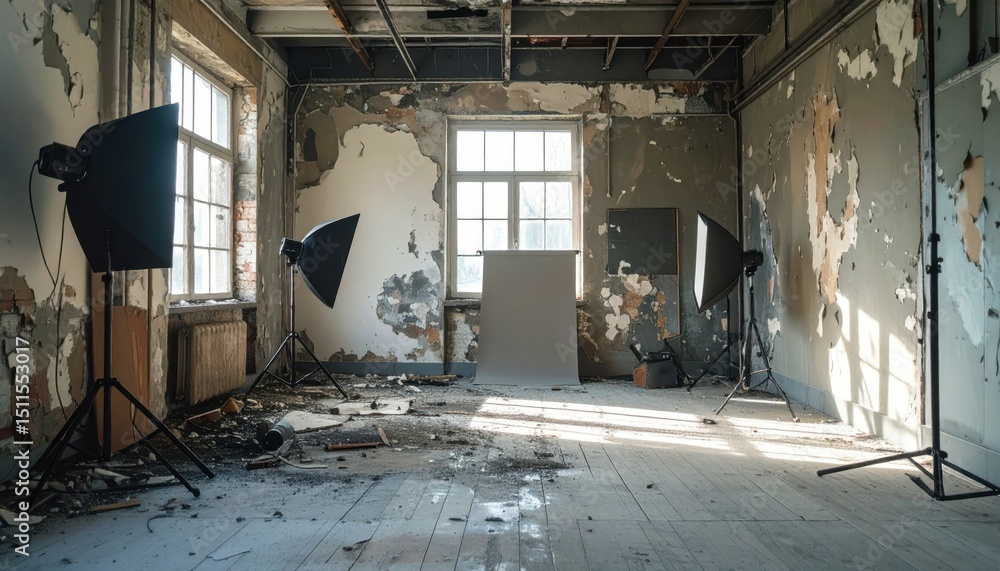 Poster artistic studio setting with ruined walls and visual storytelling elements