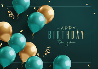 Happy birthday greeting card clipart design. Birthday balloons invitation card clip art in green elegant background for party celebration template vector illustration.