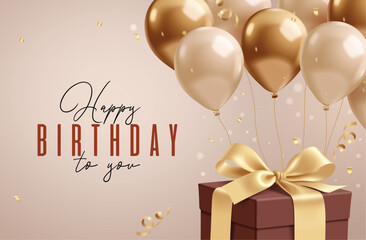 Happy birthday greeting card elegant clipart design. Birthday gift box and balloons floating in bronze gold elegant color for invitation and wishes clip art vector illustration. 
