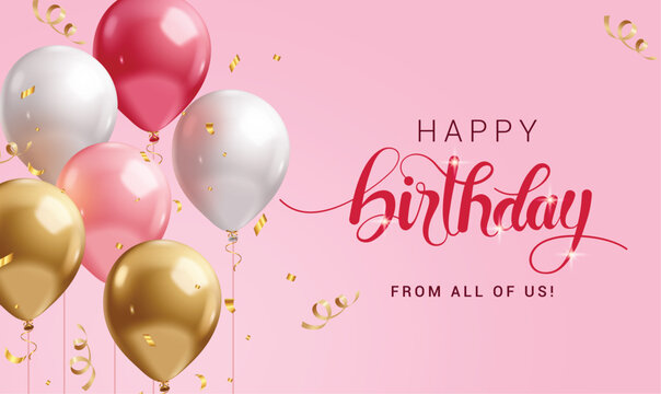 Happy birthday greeting card clipart design. Birthday girl invitation card and wishes clip art with floating balloons in pink background vector illustration. 
