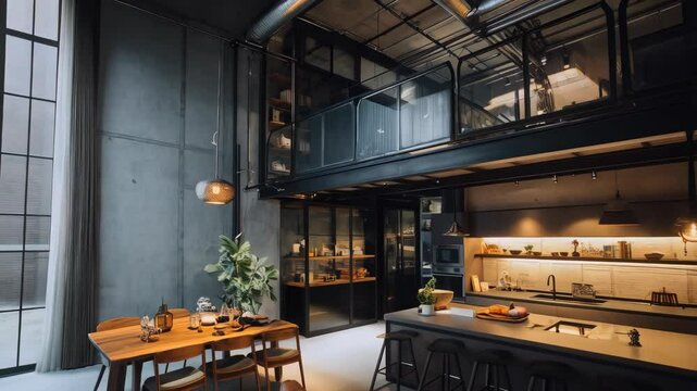 View of a luxurious modern loft apartment featuring a kitchen, dining room and living space with an upper level library area