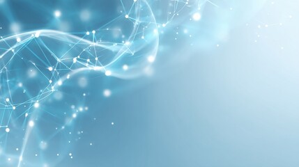 Minimalistic soft blue background with faint glowing molecular network lines and dots, futuristic biotech and pharma aesthetic with elegant text space