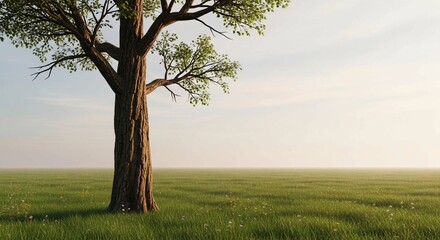 A solitary tree stands prominently in an expansive green savanna under a clear, serene sky at golden hour