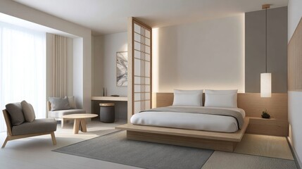 Fototapeta premium Modern hotel room in Japanese minimalism style, clean lines, neutral tones, shoji-inspired wall panel