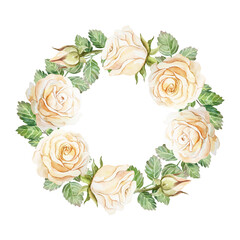 Roses wreath. Round frame of vintage pastel flowers. Hand drawn watercolor illustration isolated on white. For birthday cards, Valentines day, Mothers day, wedding invitations, posters, wallpapers.