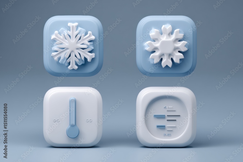 Poster 3d icons representing freezer functions with snowflakes, timer, and thermometer on a clean backgroun