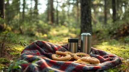 forest picnic with flannel blanket, thermos, and bagel sandwiches,