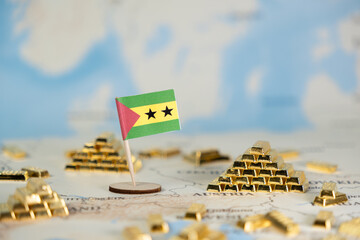 Sao Tome and Principe flag with shiny gold bars on a world map, symbolizing national wealth,...