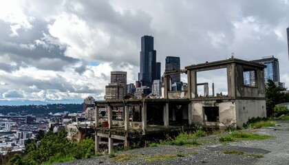 Fototapeta premium Tragic Ruins of Abandoned Structure Overlooking Seattle Skyline