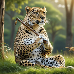 Leopard Playing Flute in a Peaceful Forest &ndash; Surreal Animal Music Concept Art
