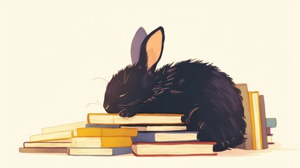 silhouette of a bunny sleeping on a stack of books, cozy vibe