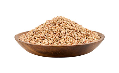 closeup pile of coarse grind red sorghum grain cutout in wood bowl