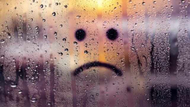 Sad face drawn on foggy rainy window, droplets of water. Wet background. Feelings of loneliness. Melancholy, human emotions. Bad weather forecast day. Rain outdoor.