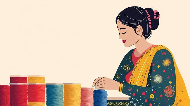 Minimalist cartoon of an Indian embroidery artisan, clean thread background