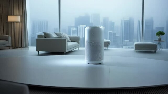 Modern living room with an air purifier and city skyline view, minimalist furniture, clean air concept, home technology, and bright indoor space