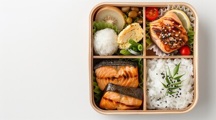 Minimalist Japanese Bento Box with Tamagoyaki, Rice Balls, Grilled Salmon, and Pickled Vegetables in Wooden Container &ndash; Overhead View, Clean White Background, Zen Food Styling