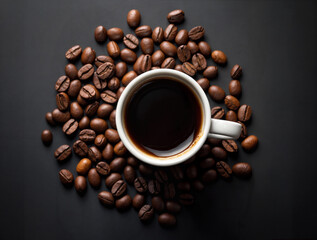 cup of coffee on the dark table, and coffee beans in a sack on dark background, top view