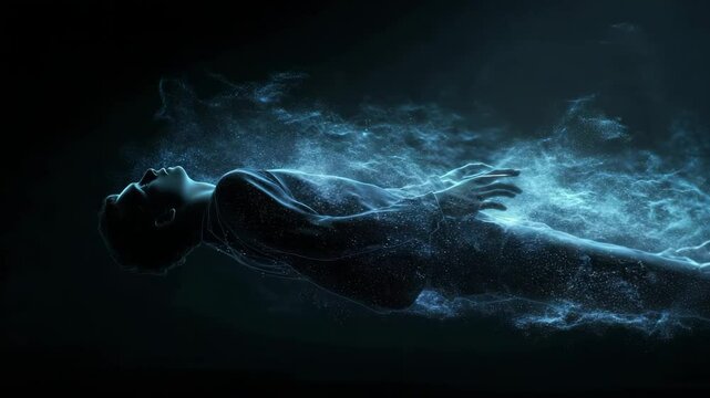 Person soul floating in dark ethereal space, swirl blue light. Tranquil dreamlike atmosphere. Peace, liberation. Exploration of mind. Spirituality, meditation, cosmos. Aura, exit to astral plane.
