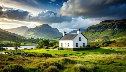 Fototapeta premium Serene Countryside Scene Featuring Charming White House and Greenery