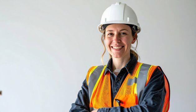Happy Construction Worker in Hard Hat and Reflective Vest Smiling